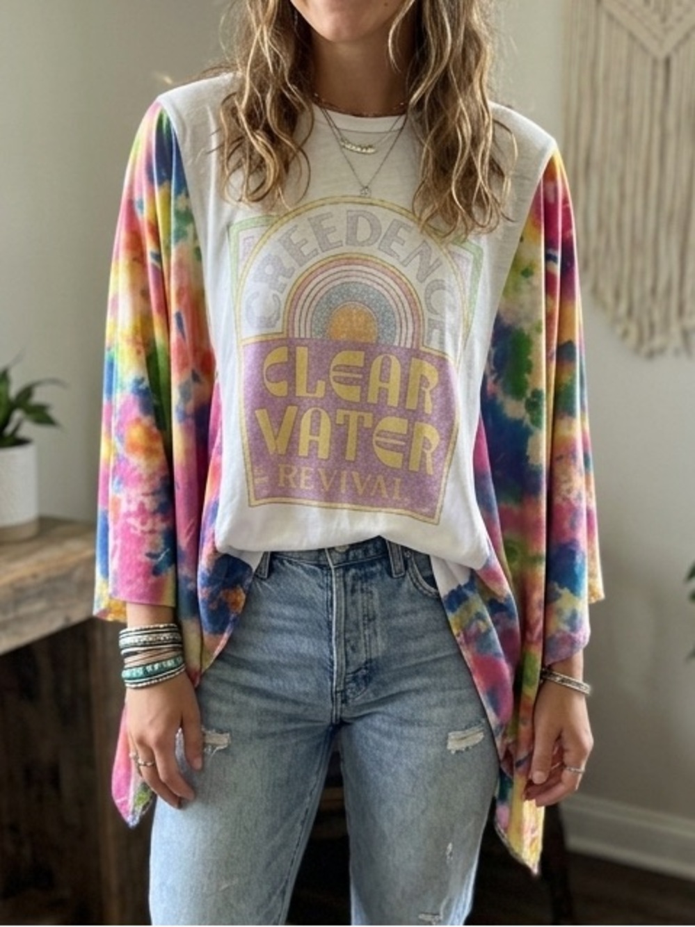 Lucky Brand White upcycled band Tee with CCR Graphic and tie dye sleeves